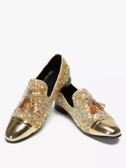 Mocassins à rivets et paillettes pour homme bout pointu en cuir de vache avec pompons chaussures de bal et de mariage