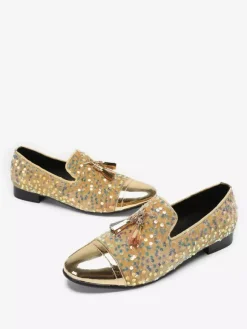 Mocassins à rivets et paillettes pour homme bout pointu en cuir de vache avec pompons chaussures de bal et de mariage