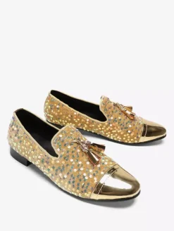 Mocassins à rivets et paillettes pour homme bout pointu en cuir de vache avec pompons chaussures de bal et de mariage