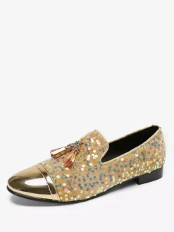 Mocassins à rivets et paillettes pour homme bout pointu en cuir de vache avec pompons chaussures de bal et de mariage