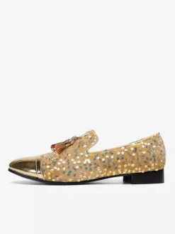 Mocassins à rivets et paillettes pour homme bout pointu en cuir de vache avec pompons chaussures de bal et de mariage