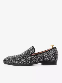 Mocassins à rivets pour hommes en daim argenté avec strass et cristaux chaussures à enfiler pour bal de promo mariage