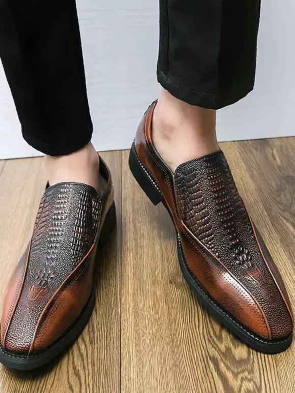 Mocassins classiques à enfiler pour hommes imprimés en cuir talons bas épais chaussures habillées rétro à bout pointu confortables légères et antidérapantes
