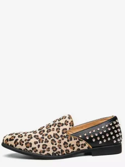Mocassins homme léopard en daim à bout rond et rivets