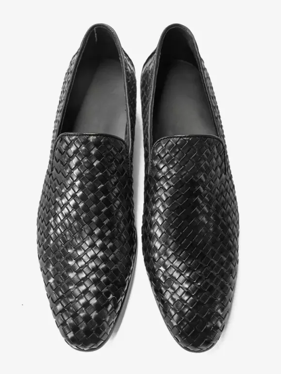 Mocassins noirs pour hommes bout rond en cuir de vachette chaussures habillées à enfiler