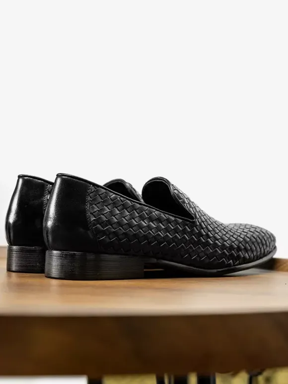 Mocassins noirs pour hommes bout rond en cuir de vachette chaussures habillées à enfiler