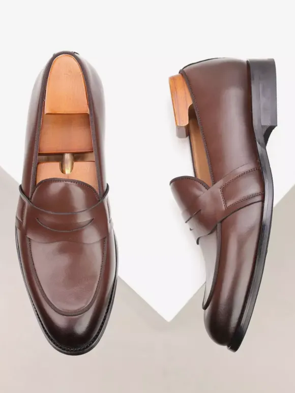 Mocassins Penny marron pour hommes bout rond chaussures habillées à enfiler