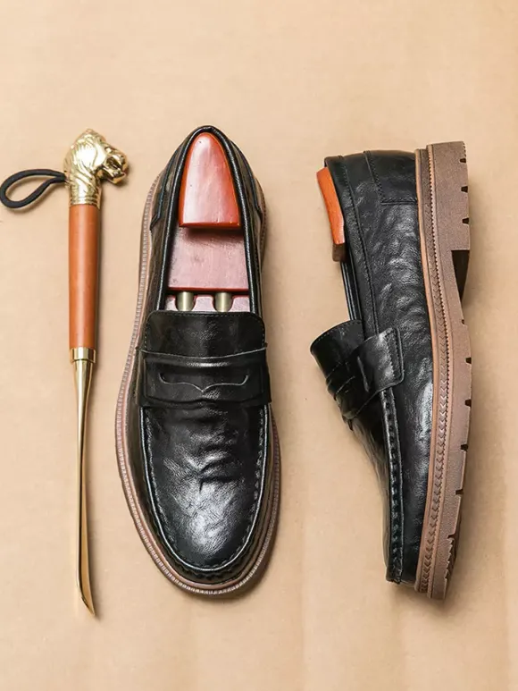 Mocassins Penny pour hommes à enfiler bout rond antidérapants talons bas chaussures Penny en cuir