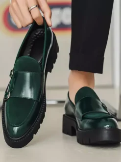 Mocassins pour hommes à double boucle à enfiler à plateforme antidérapante chaussures épaisses