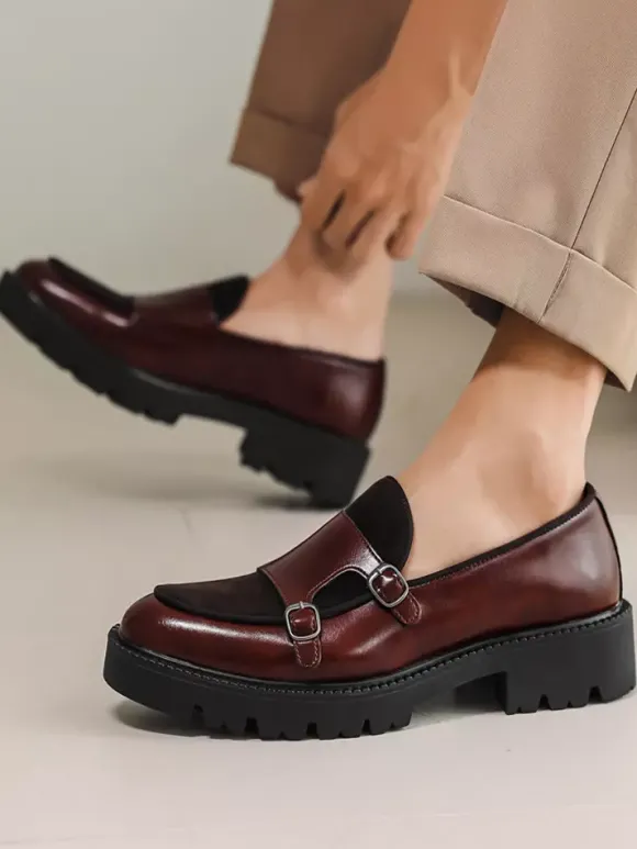 Mocassins pour hommes à double boucle à enfiler à plateforme antidérapante chaussures épaisses