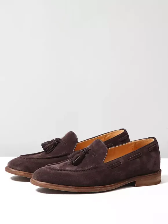 Mocassins bateau en daim pour hommes bout rond chaussures décontractées à enfiler avec pompons