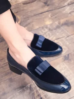 Mocassins belges à enfiler pour hommes bout pointu ruban décoré chaussures Penny mocassins en cuir et daim épissé