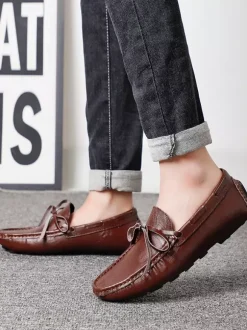 Mocassins belges à lacets pour hommes chaussures de pont en similicuir à pointes légères antidérapantes et flexibles