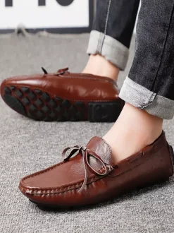 Mocassins belges à lacets pour hommes chaussures de pont en similicuir à pointes légères antidérapantes et flexibles
