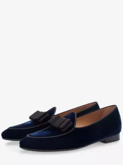 Mocassins belges pour hommes chaussures de soirée en velours bout rond n艙ud mocassins à enfiler chaussures de bal bleu foncé