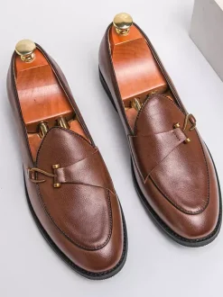 Mocassins à boucle pour homme bout pointu talons bas chaussures à enfiler chaussures de bal en cuir avec boucle