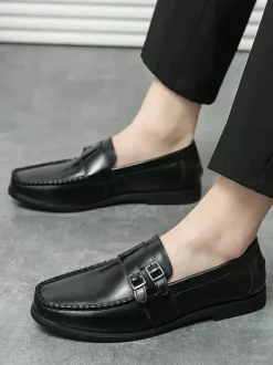 Mocassins à boucle pour homme confortables en cuir PU à enfiler avec boucle latérale