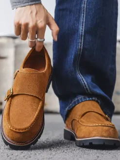 Mocassins à boucle pour homme en daim et cuir chaussures à enfiler épaisses et chics