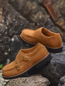 Mocassins à boucle pour homme en daim et cuir chaussures à enfiler épaisses et chics