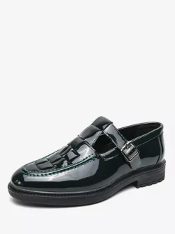 Mocassins à boucle pour homme plateforme tissée en cuir verni à bride en T à enfiler