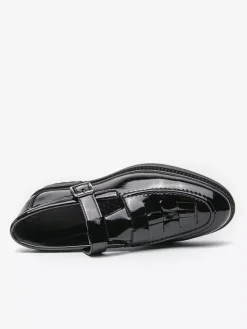 Mocassins à boucle pour homme plateforme tissée en cuir verni à bride en T à enfiler
