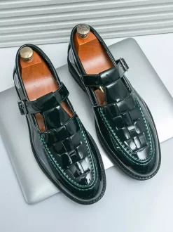 Mocassins à boucle pour homme plateforme tissée en cuir verni à bride en T à enfiler