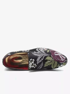 Mocassins brodés pour hommes chaussures à enfiler en tissu à motif floral bout pointu style vintage talon carré