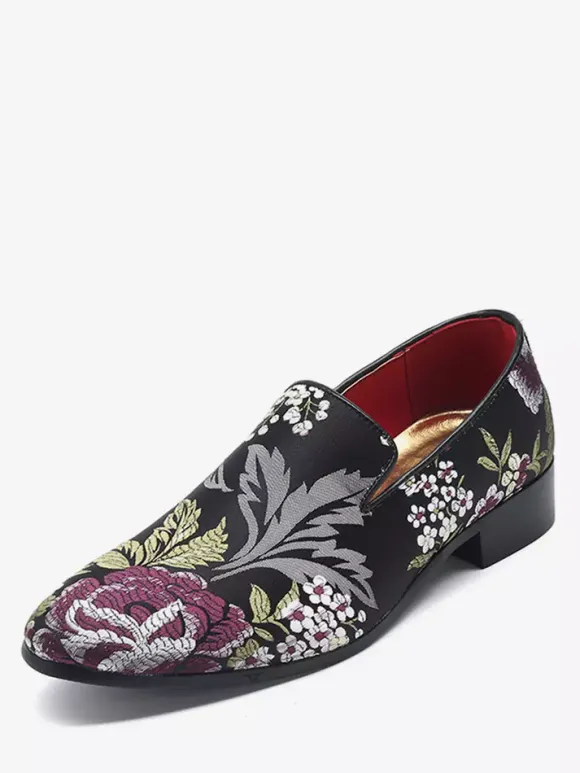 Mocassins brodés pour hommes chaussures à enfiler en tissu à motif floral bout pointu style vintage talon carré