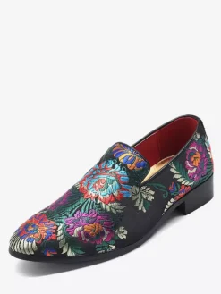 Mocassins brodés pour hommes chaussures à enfiler en tissu à motif floral bout pointu style vintage talon carré