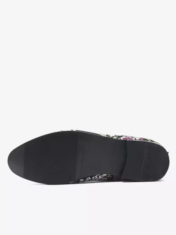 Mocassins brodés pour hommes chaussures à enfiler en tissu à motif floral bout pointu style vintage talon carré