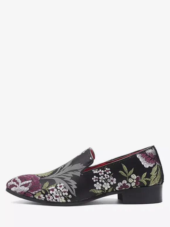 Mocassins brodés pour hommes chaussures à enfiler en tissu à motif floral bout pointu style vintage talon carré
