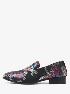 Mocassins brodés pour hommes chaussures à enfiler en tissu à motif floral bout pointu style vintage talon carré