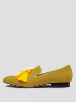 Mocassins en daim à bout rond et pompon jaune pour hommes chaussures de bal et de mariage