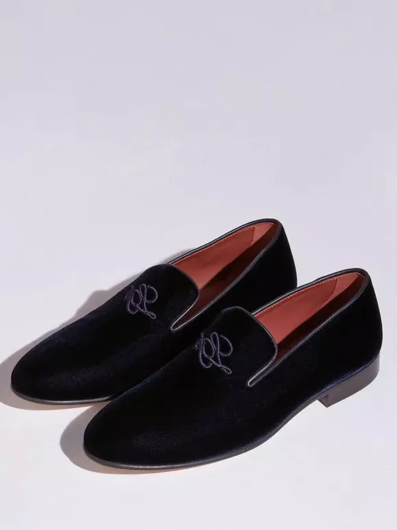 Mocassins à enfiler pour hommes chaussures en daim noir à bout rond motif brodé pour robe de soirée de mariage