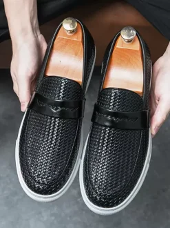 Mocassins à enfiler pour hommes bout rond en cuir tressé résistants à l'usure semelle épaisse chaussures décontractées