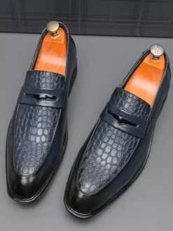 Mocassins à enfiler pour homme bout rond talon épais en PU pour mariage bal de promo