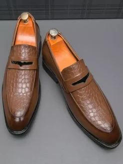 Mocassins à enfiler pour homme bout rond talon épais en PU pour mariage bal de promo