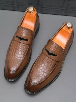 Mocassins à enfiler pour homme bout rond talon épais en PU pour mariage bal de promo