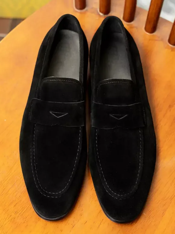 Mocassins à enfiler pour hommes en daim et cuir bout rond style penny décontracté