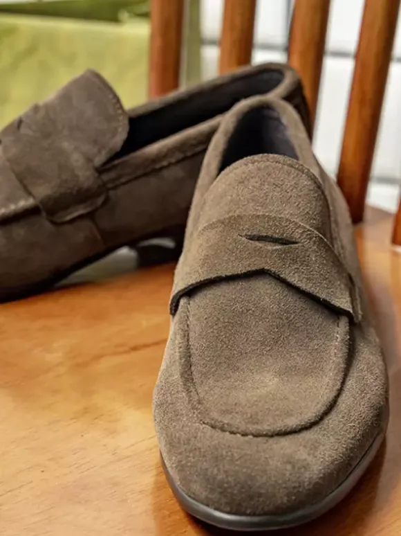Mocassins à enfiler pour hommes en daim et cuir bout rond style penny décontracté