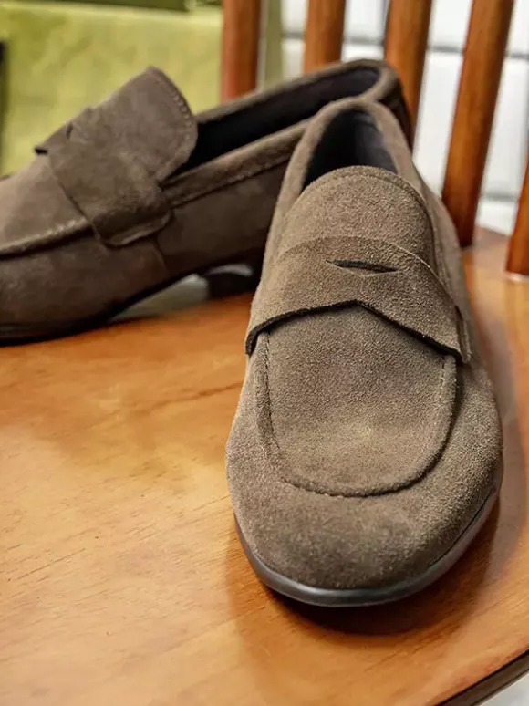 Mocassins à enfiler pour hommes en daim et cuir bout rond style penny décontracté