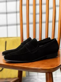 Mocassins à enfiler pour hommes en daim et cuir bout rond style penny décontracté
