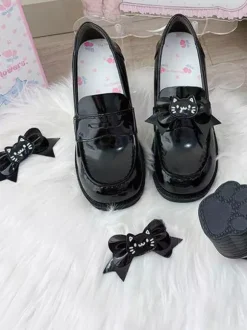 Mocassins Gothic Lolita marron en cuir PU à talon épais escarpins Lolita