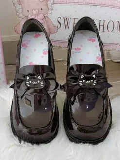 Mocassins Gothic Lolita marron en cuir PU à talon épais escarpins Lolita