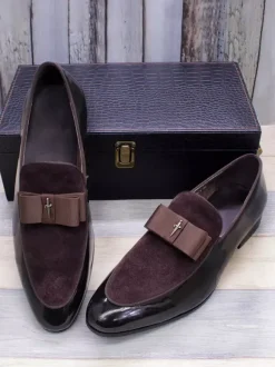 Mocassins habillés pour hommes en cuir véritable bout rond n艙ud patchwork chaussures de bal à enfiler