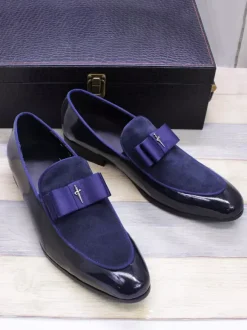 Mocassins habillés pour hommes en cuir véritable bout rond n艙ud patchwork chaussures de bal à enfiler