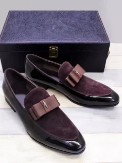 Mocassins habillés pour hommes en cuir véritable bout rond n艙ud patchwork chaussures de bal à enfiler