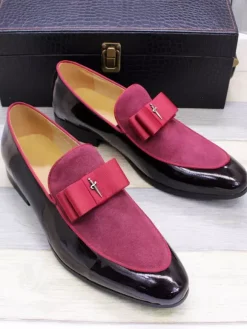 Mocassins habillés pour hommes en cuir véritable bout rond n艙ud patchwork chaussures de bal à enfiler