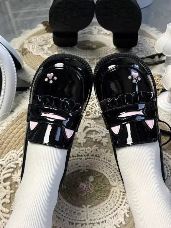 Mocassins Lolita doux style chat bout rond cuir PU noir talon épais chaussures Lolita ravissantes