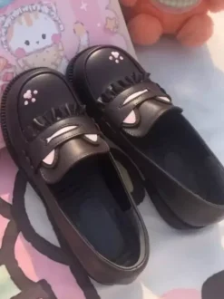 Mocassins Lolita doux style chat bout rond cuir PU noir talon épais chaussures Lolita ravissantes